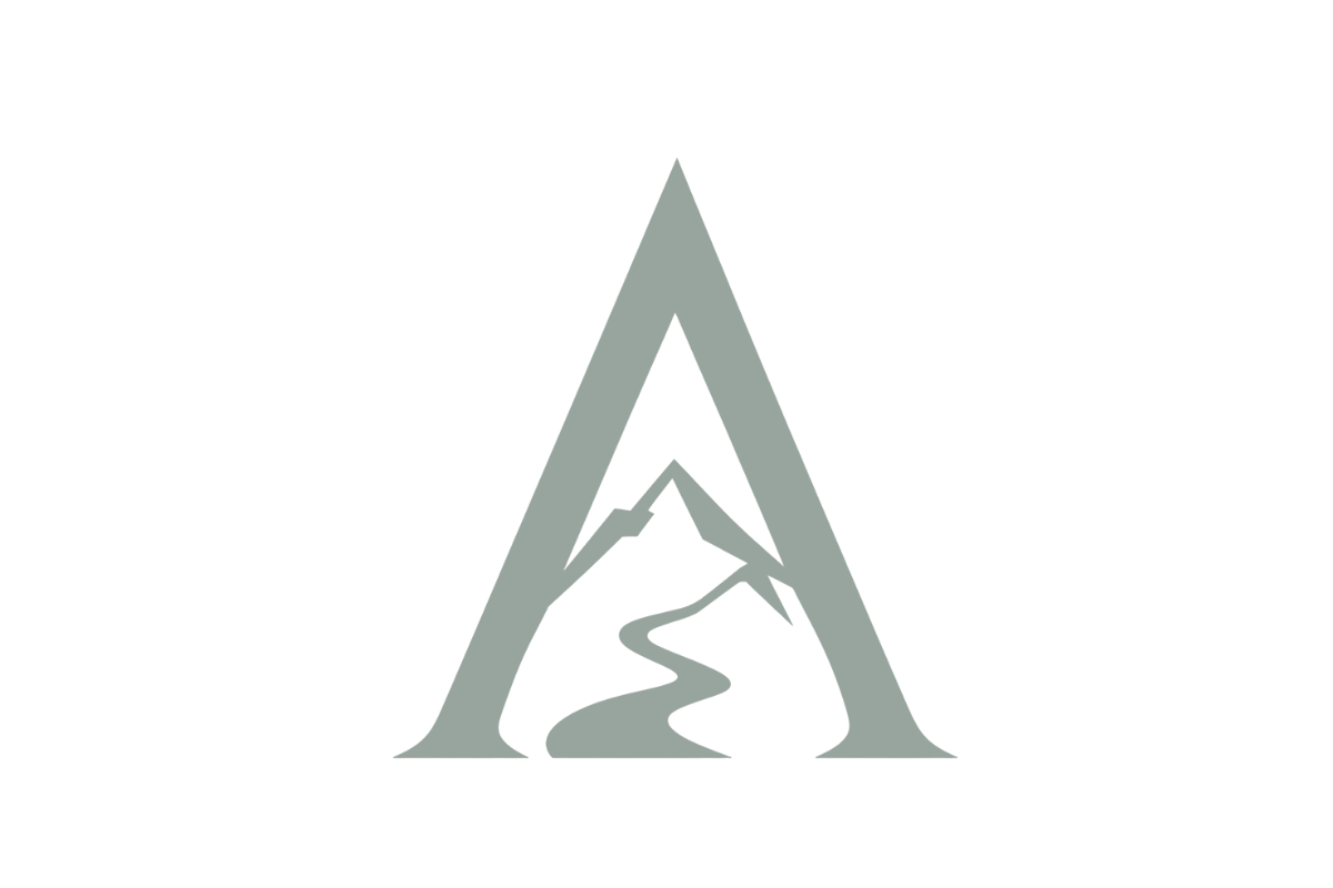 Logo with a mountain, a river, surrounded by a large stylized letter A.