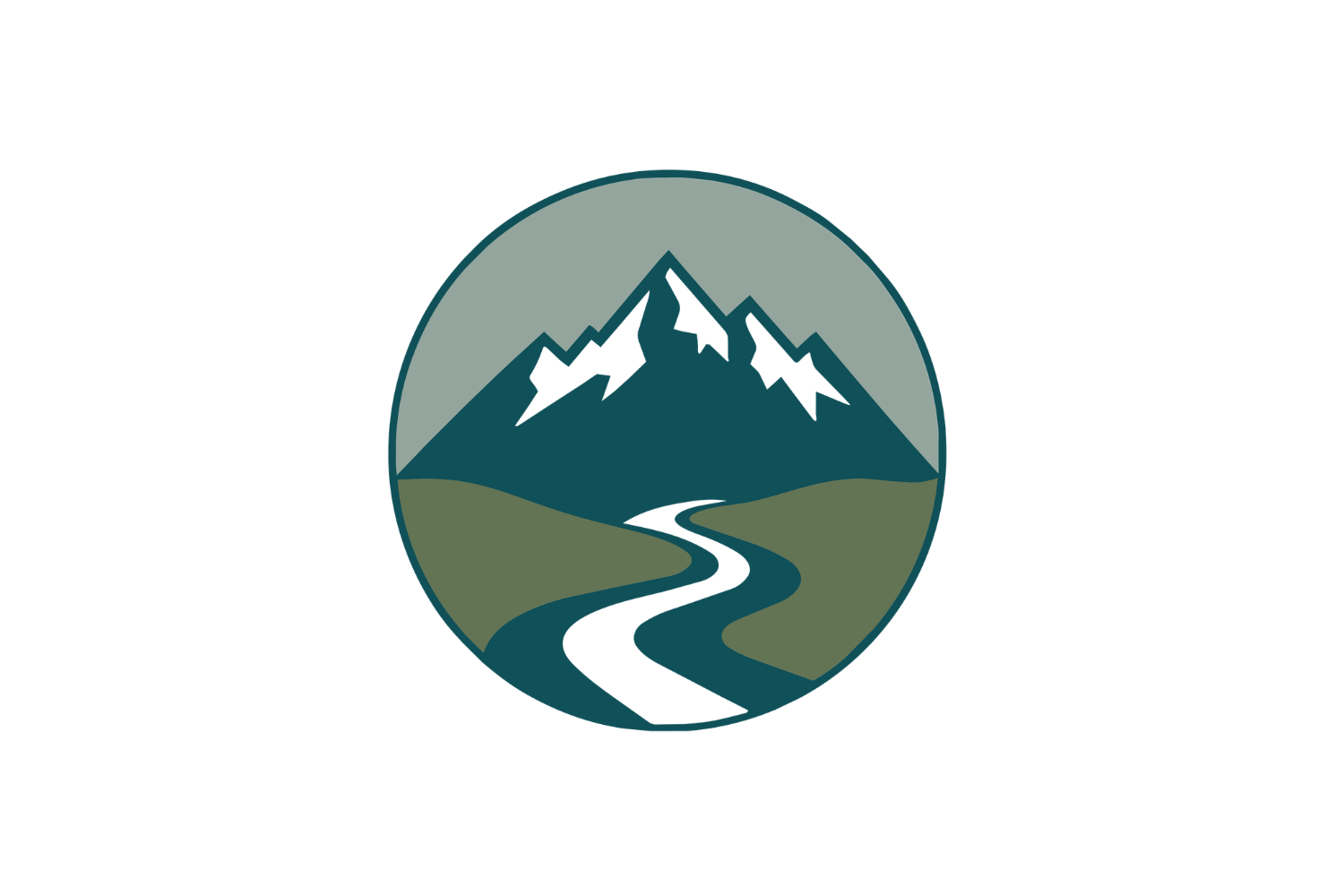 A logo featuring a mountain with sharp peaks, a winding river in the foreground, and a circular background, with the words "Mountain Explorers" above and below the circle.