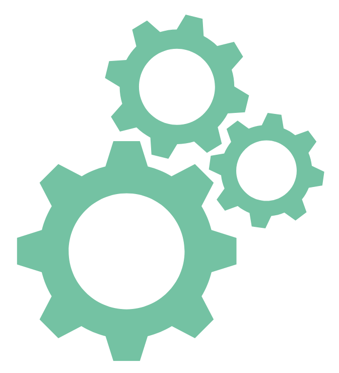 Three interlocking gears representing machinery or engineering concepts.