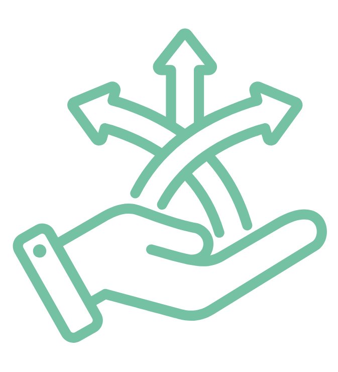 Outline of a hand holding three arrows pointing in different directions.