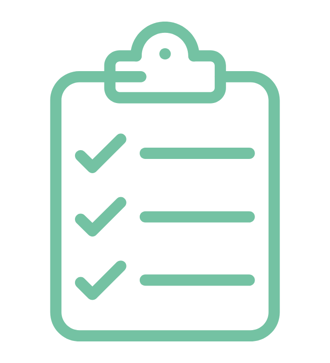 Line drawing of a clipboard with a checklist and three checkmarks.