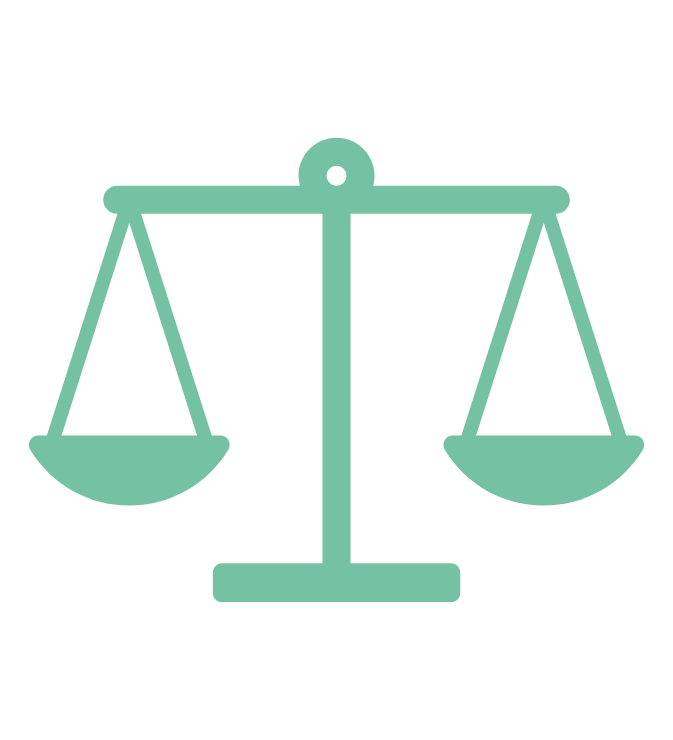 A teal scale symbol balance icon on a black background.
