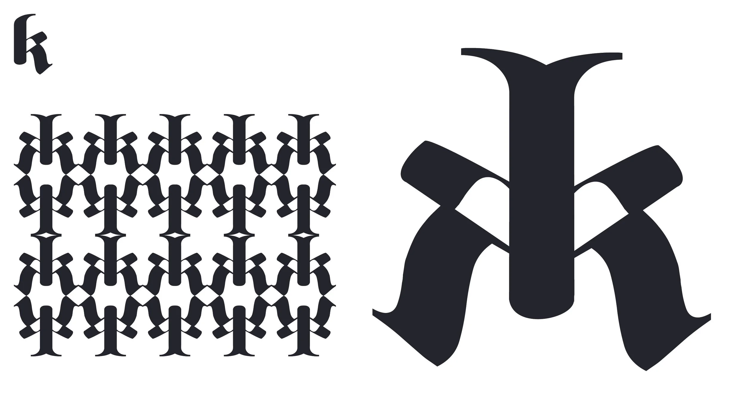 Grafik mit mehreren schwarzen Fraktalbildern 'k' auf der linken Seite und einem großen schwarzen käfigartigen Buchstaben 'K' auf der rechten Seite.