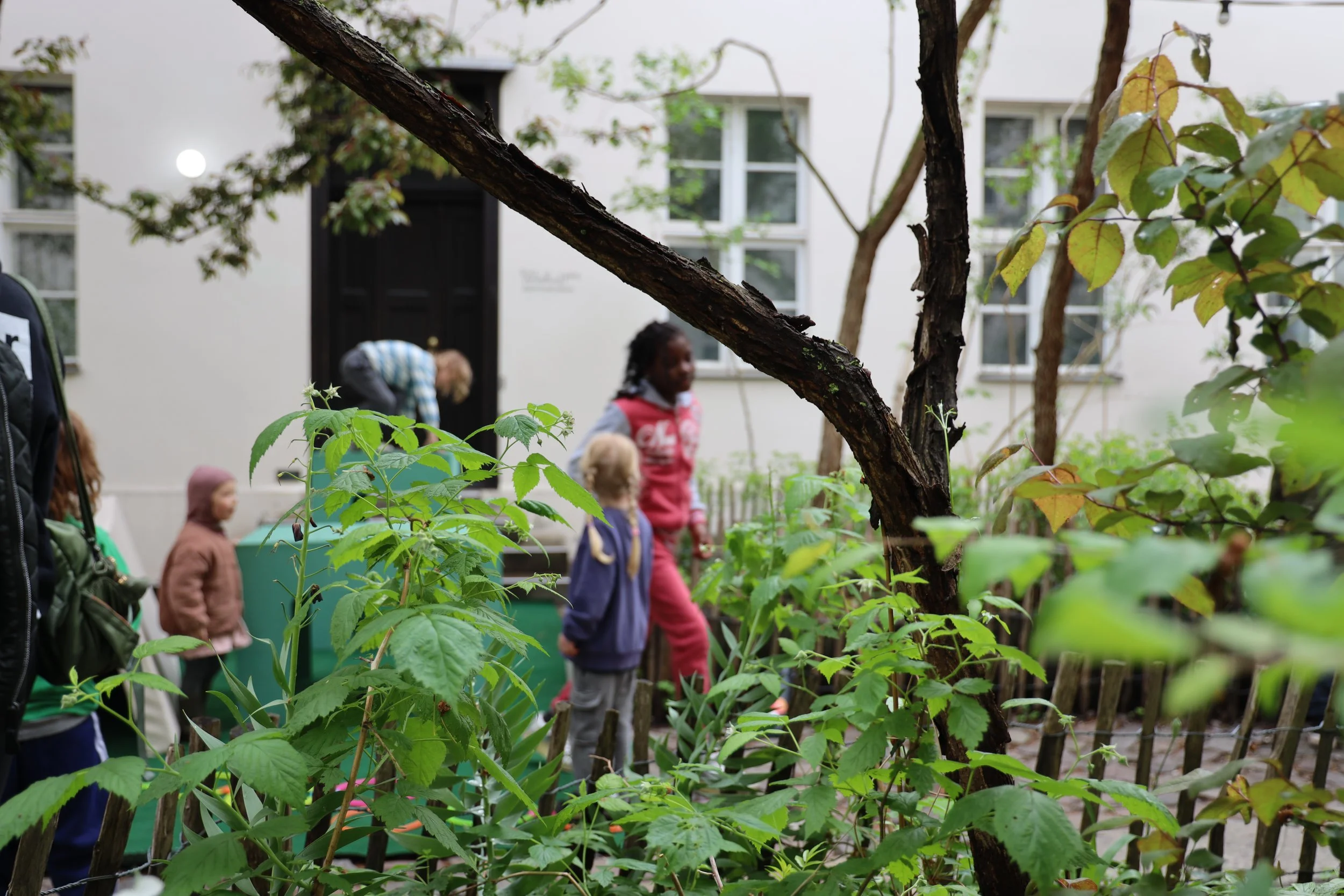 Mehrere Kinder und Erwachsene im Garten, umgeben von Pflanzen, Bäumen und einer weißen Hauswand im Hintergrund.