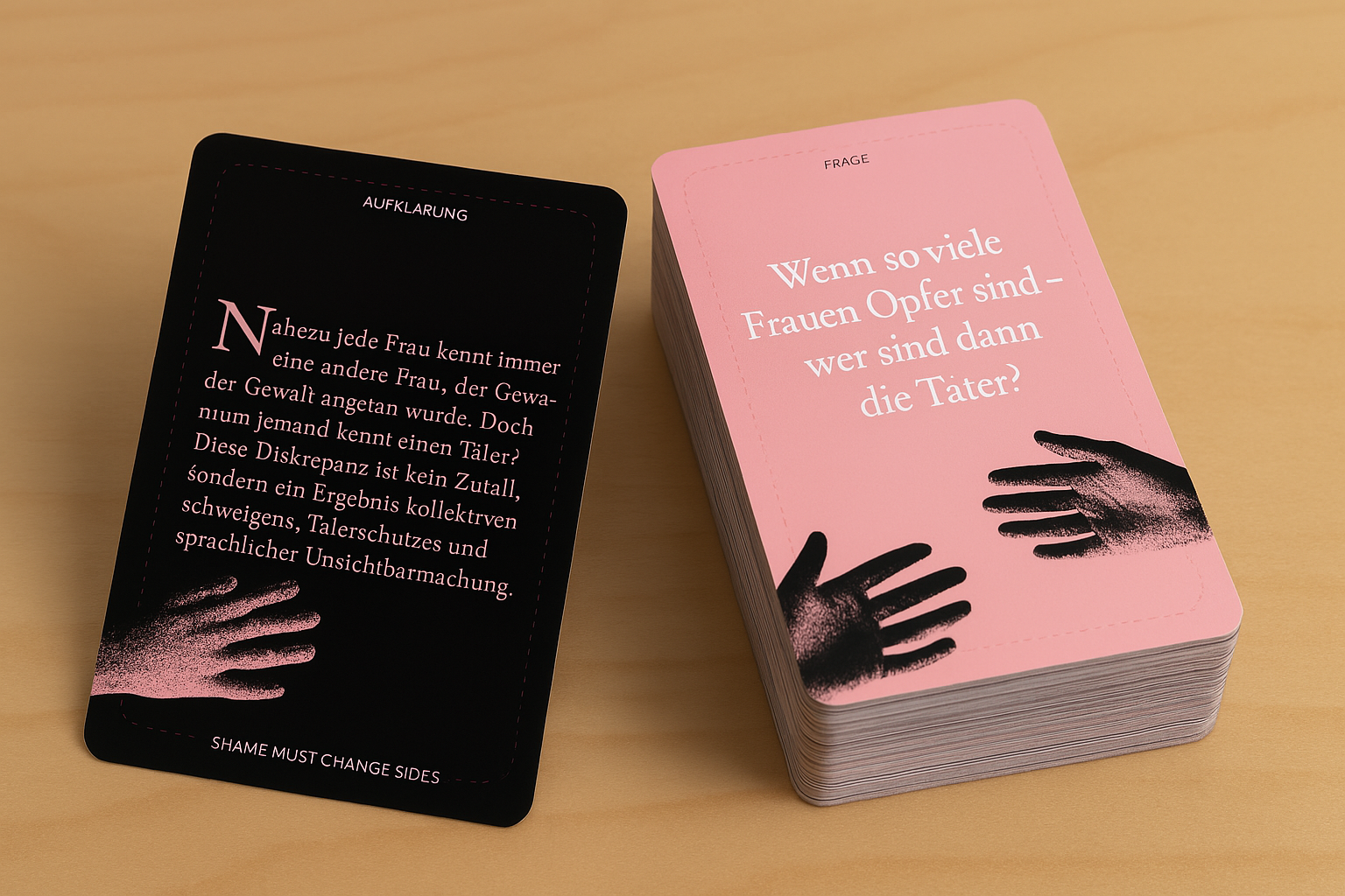 Ein Stapel pinkfarbener Fragekarten mit schwarzen Handabdrücken und weißen Texten, sowie eine einzelne schwarze Karte mit pinkfarbenem Text und Handabdruck, auf einer holzfarbenen Oberfläche.