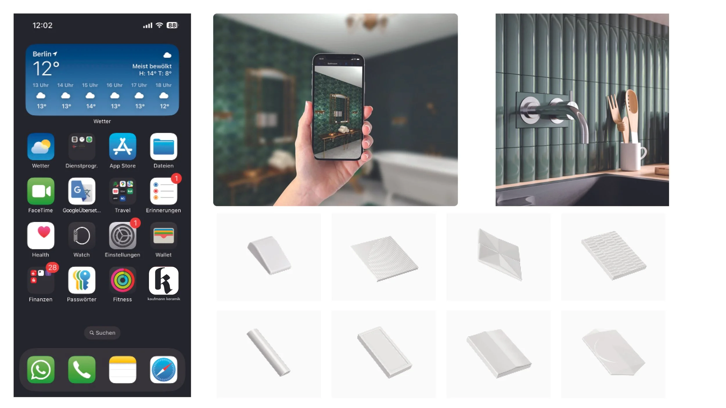 Screenshots eines Handys, das eine Wetter-App zeigt, eine Person fotografiert eine Badezimmerwand mit einem Smartphone, und eine Küchenwand mit Küchenutensilien auf einer Ablage.