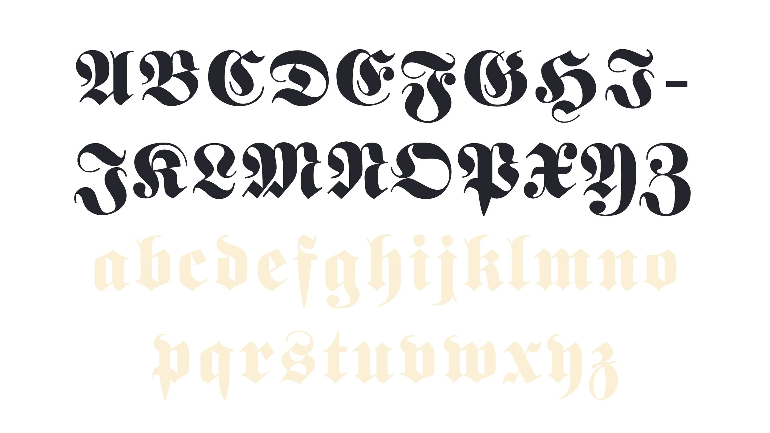 Verwaschene, alte Schriftart des Alphabets in Schwarz und Beige auf weißem Hintergrund.