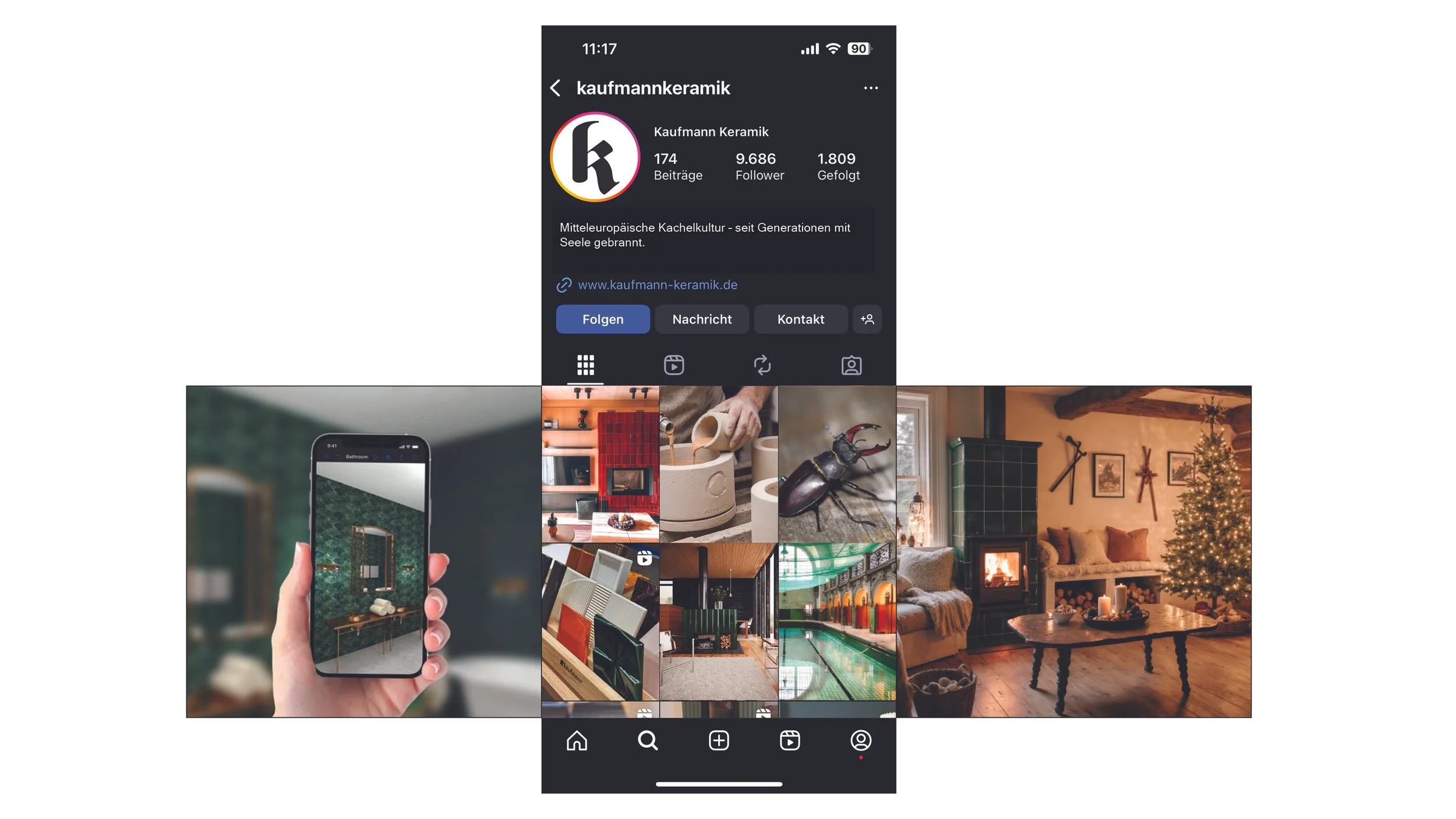 Screenshot eines Instagram-Profils namens kauffmannkeramik mit Fotos von Keramikprodukten und einem Wohnzimmer mit Kamin. Unten sind verschiedene Bilder von Innenräumen und Gegenständen, darunter ein Kamin, Möbel, Wanddeko und eine Weihnachtsdekorati