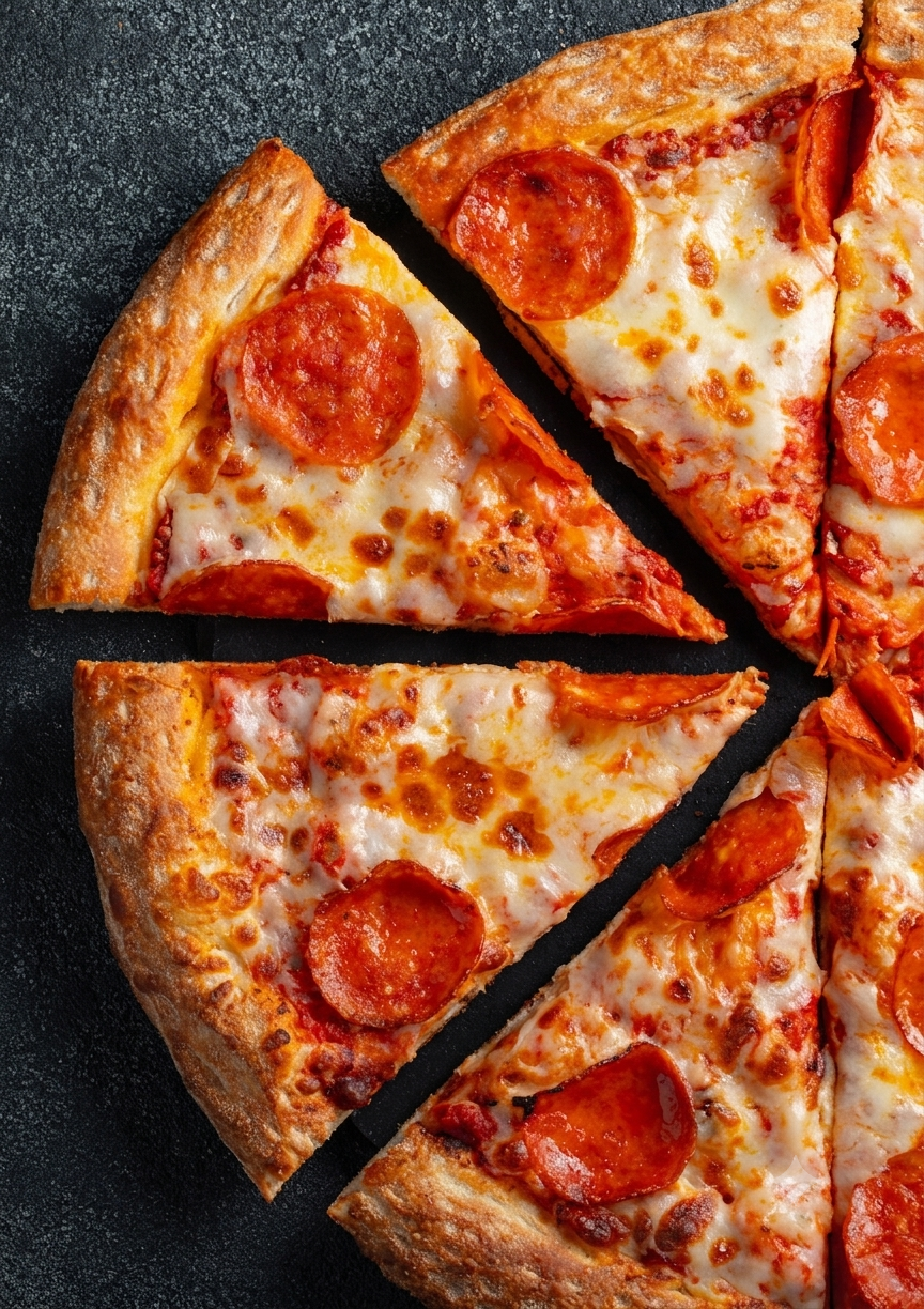 Close-up of a pepperoni pizza with four slices on a black surface.