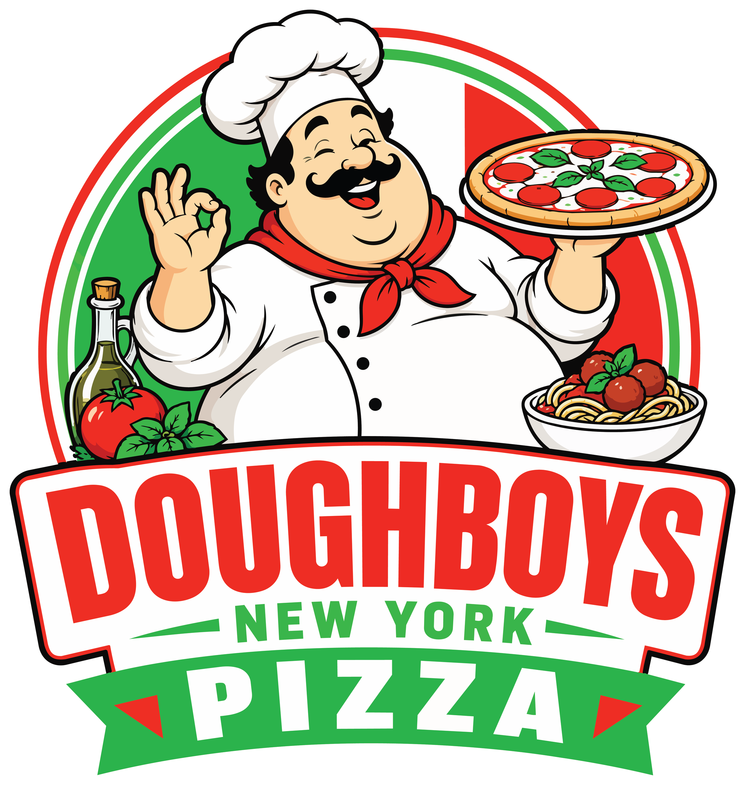 Logo featuring a cheerful chef holding a pizza with basil and cherry tomatoes, with tomatoes, basil, a wine bottle, and a plate of spaghetti beside him, and the text "Bon Giorno" and "New York Pizza" in red, green, and white, suggesting an Italian pizza restaurant.