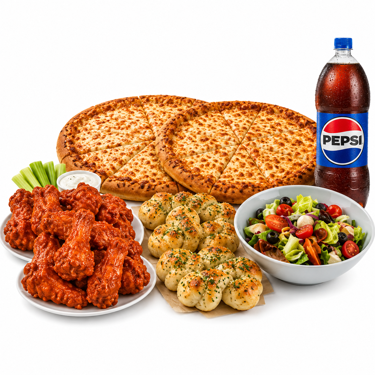 Pizza, buffalo wings, garlic knots, salad, and a bottle of Pepsi on a white background.