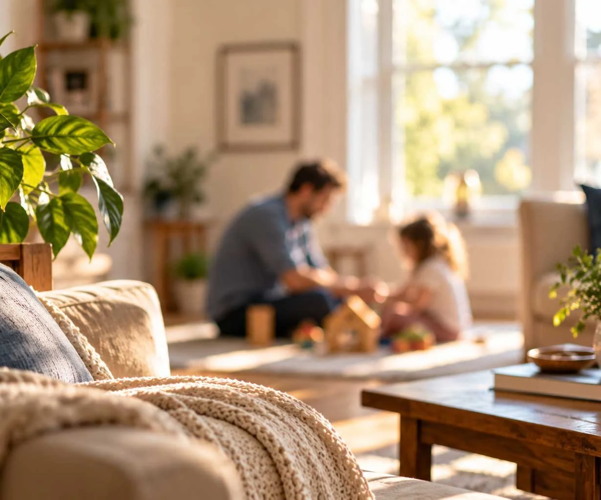 Father and daughter building with blocks