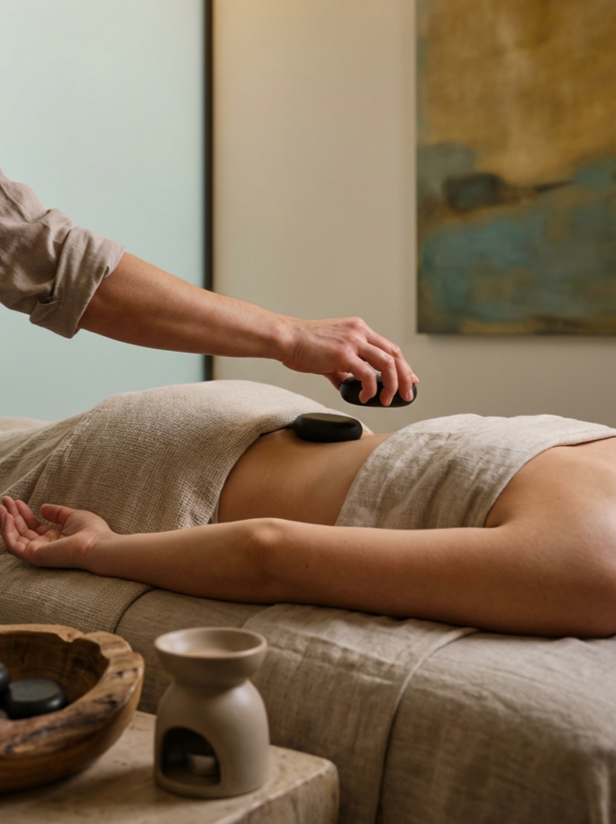 Person receiving a hot stone massage on their back in a spa setting.