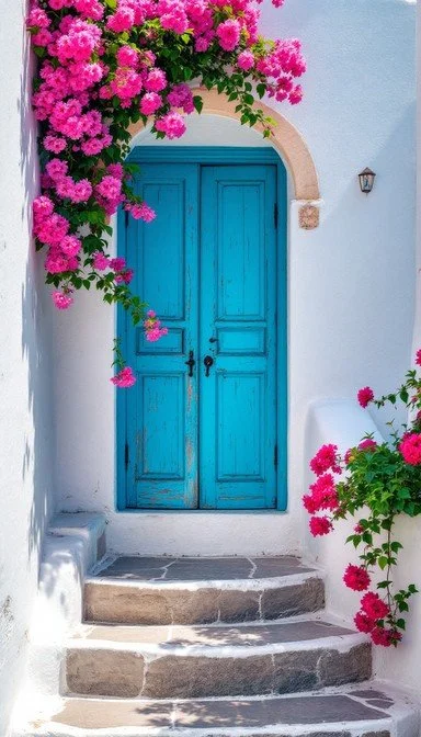Bright blue wooden door with an arched stone frame, surrounded by white walls and vibrant pink bougainvillea flowers.