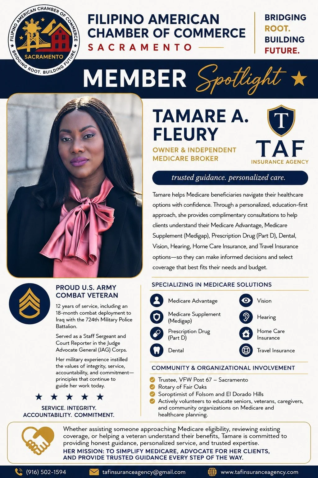 New member spotlight flyer for Tamare A. Fleury, Owner and Independent Medicare Broker at TAF Insurance Agency.
