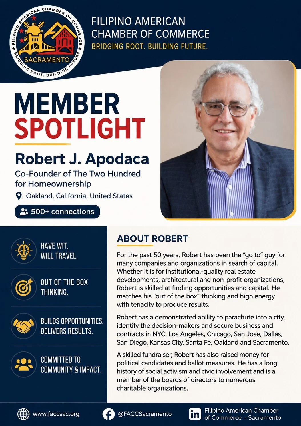 New member spotlight flyer for Robert J. Apodaca, Co-Founder of The Two Hundred for Homeownership.
