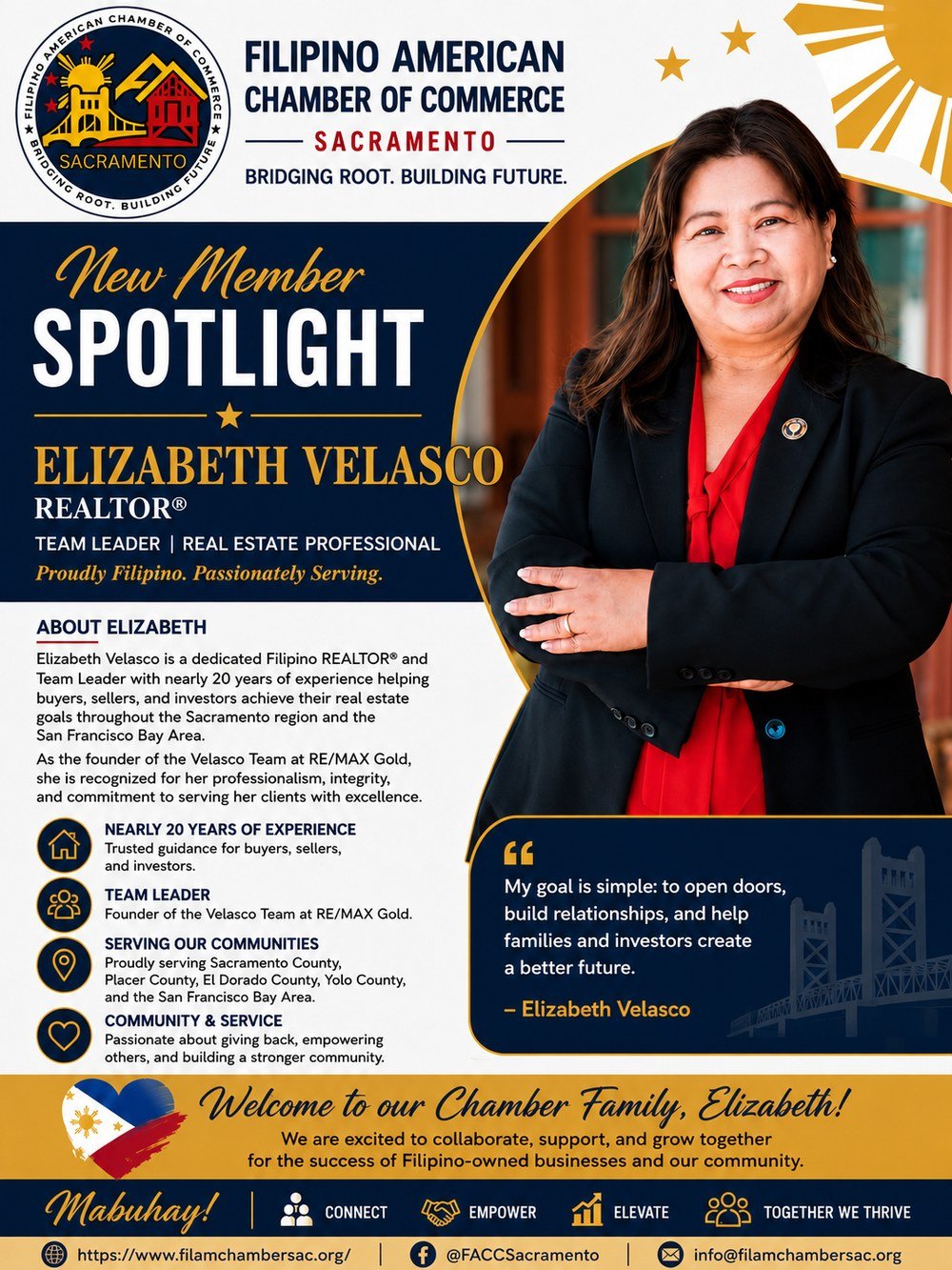 New member spotlight flyer for Elizabeth Velasco, REALTOR and Team Leader at RE/MAX Gold.
