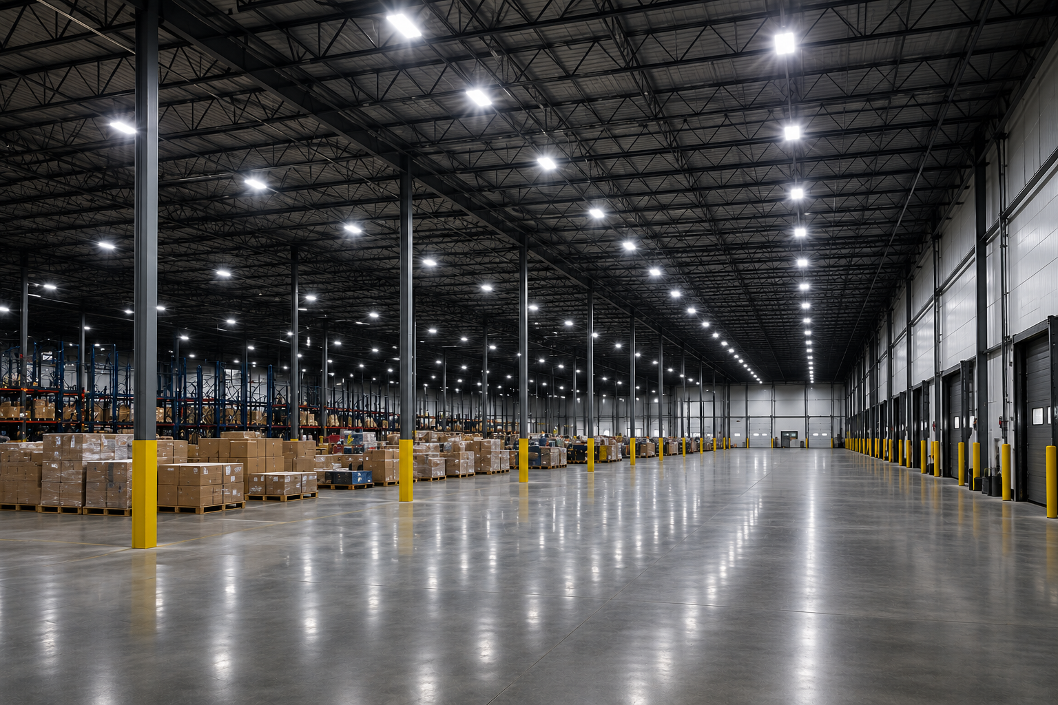 Empty warehouse with high ceiling, bright overhead lights, and rows of packed boxes on pallets along the left wall.