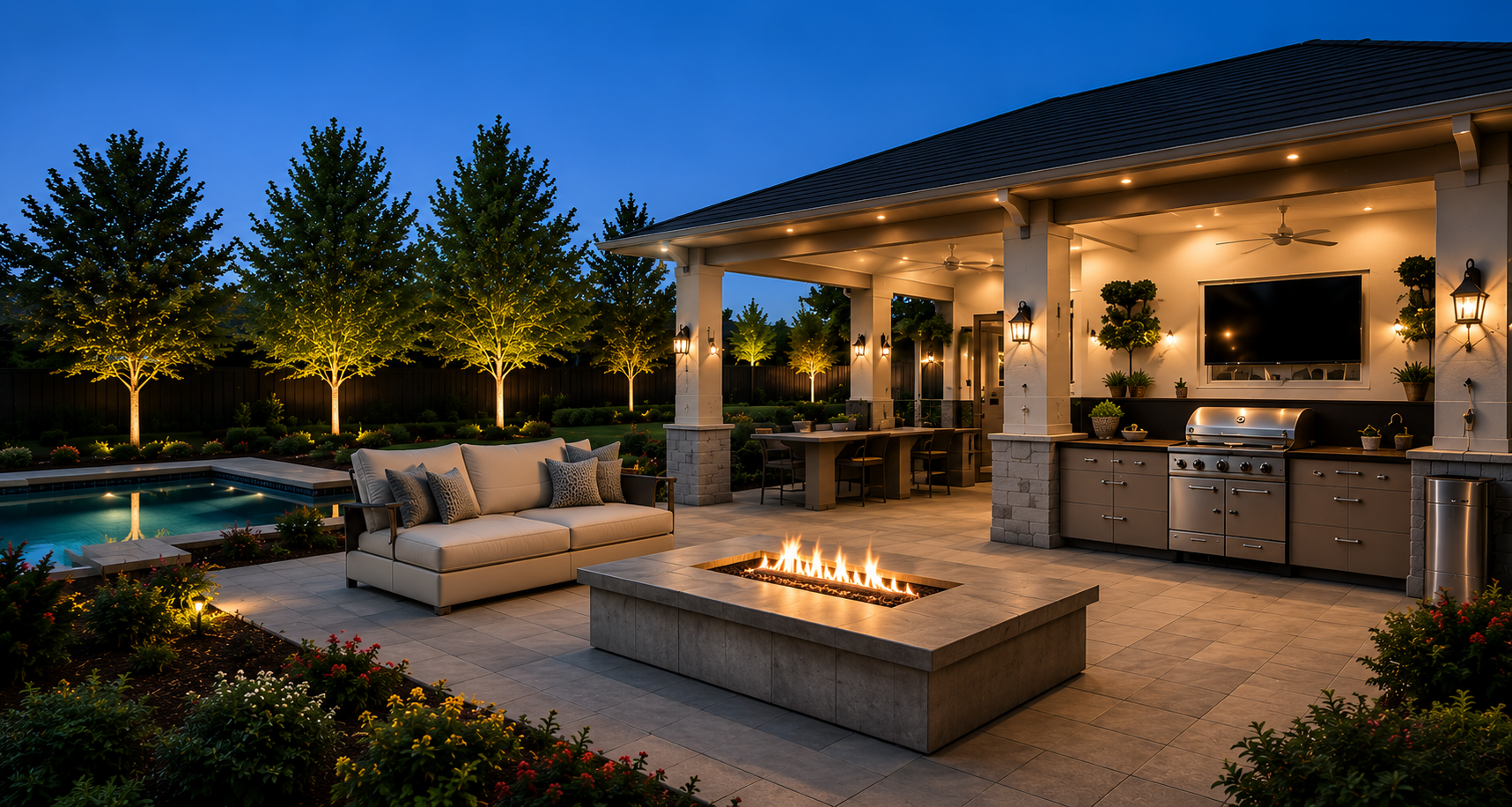 A modern outdoor patio at dusk with a fire pit, outdoor kitchen, dining area, pool, and landscaped trees and plants.