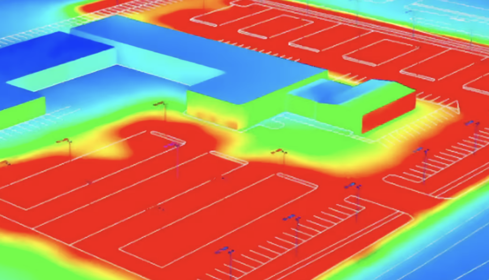Color-coded heatmap of a building and parking lot, showing areas of higher and lower heat or sound levels around the structure.