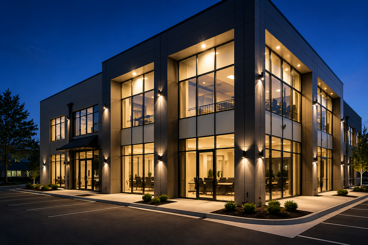 Modern office building at dusk with large glass windows and exterior lighting, visible conference rooms and offices inside.