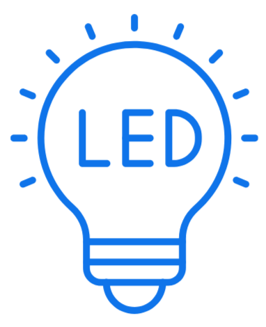 Blue LED light bulb outline with the word 'LED' inside.