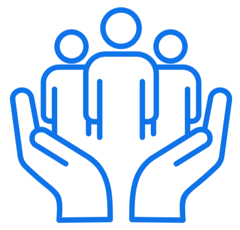 Outline of two hands holding three human figures, representing care or support.