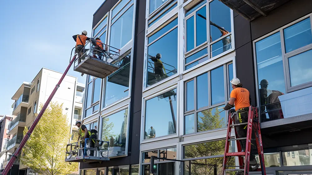 Construction workers cleaning or inspecting large glass windows on the exterior of a modern multi-story building.