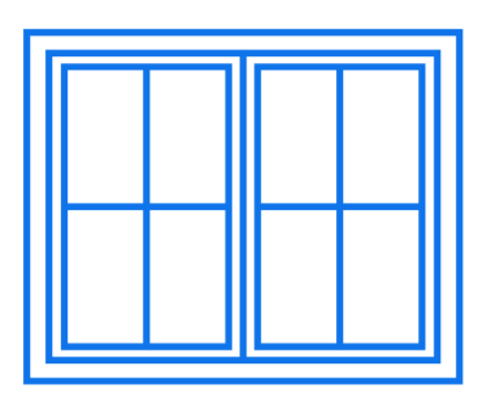 Blue window with multiple panes and black background.