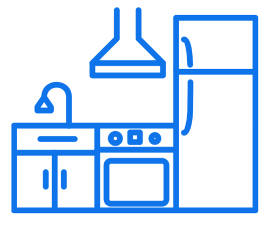 Blue line drawing of a kitchen with a sink, stove, and a tall refrigerator.