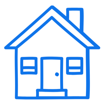 Line drawing of a house with a door, windows, and a chimney, outlined in blue.