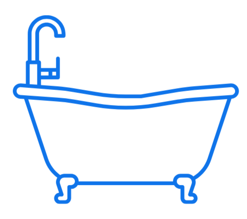 Outline of a bathtub with a faucet and four legs.