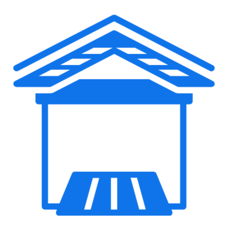 Icon of a garage with a garage door and pitched roof in blue.