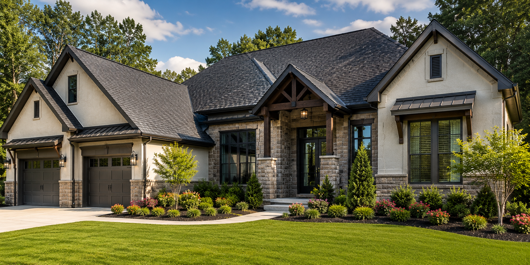 A modern house with a black roof, beige exterior walls, and a front porch with stone pillars and wooden beams. Well-maintained lawn and landscaped garden with shrubs and trees. Clear sky with some clouds.