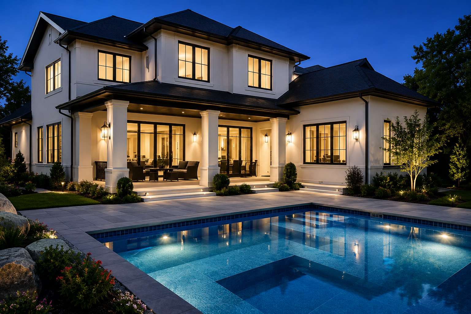 A modern two-story house illuminated at dusk, featuring a backyard with a swimming pool, patio seating, and landscaped garden with trees and bushes.