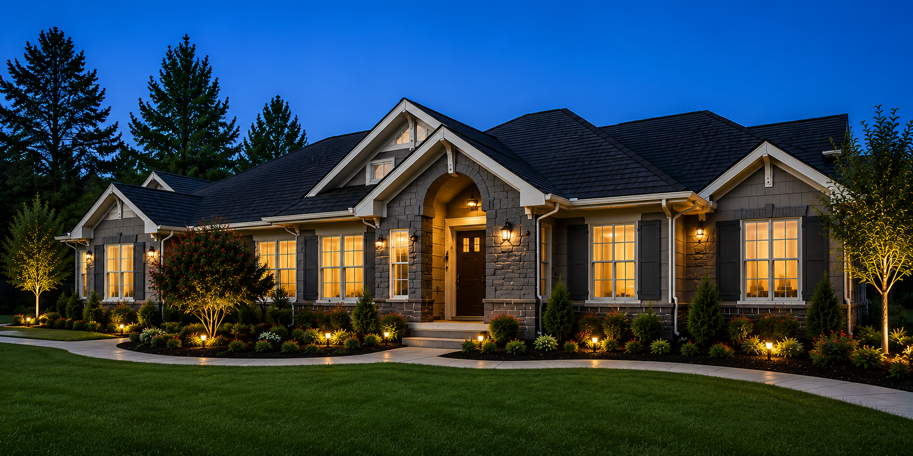 Well-lit modern house at dusk with a landscaped front yard, bushes, trees, and a curved pathway.
