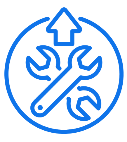 Icon of a wrench and screwdriver crossed with tools, surrounded by a circle with an upward arrow at the top, indicating tools or repair services.