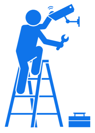 A blue silhouette of a person standing on a ladder, working with a robotic arm, with a toolbox nearby.