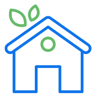 A simple line drawing of a house with a triangular roof, a door, and two leaves on top.