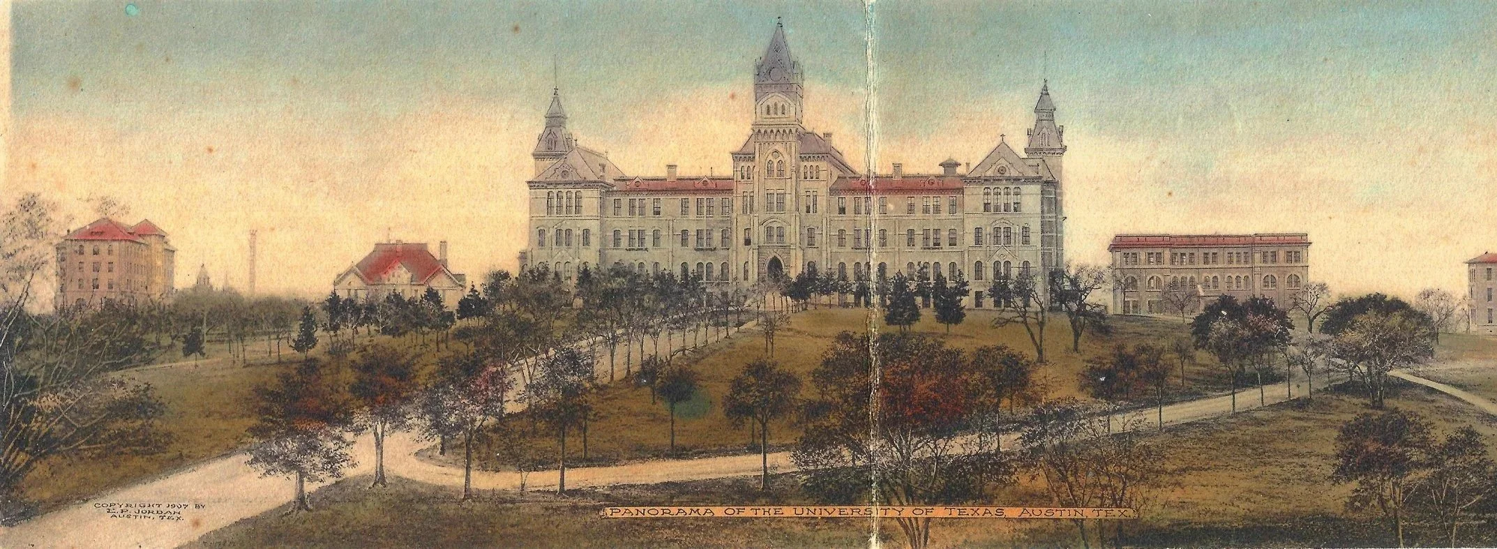 A vintage illustration of the University of Texas at Austin, showing a large central building with towers, smaller surrounding buildings, and the campus landscape with trees and pathways.