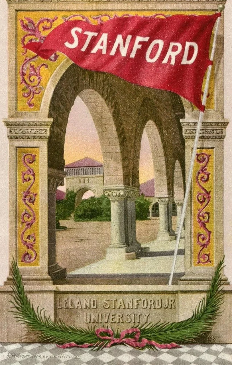 A decorative illustration of Stanford University with an archway, greenery, and a flag reading 'Stanford' in front. The lower part mentions 'Leland Stanford Jr University' and there are ornamental details and what appears to be a sunset or sunrise in the background.