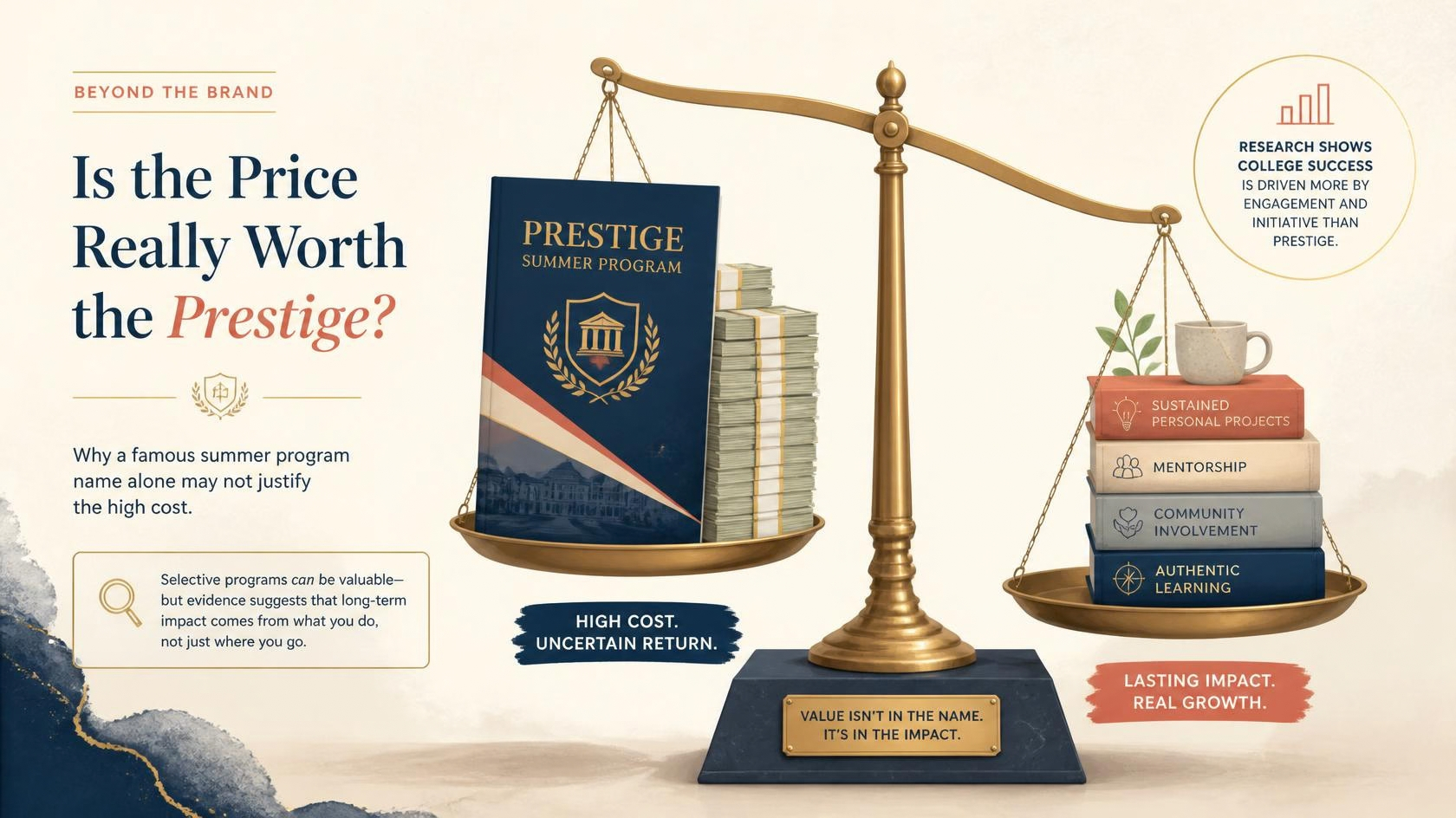 Editorial illustration showing a balance scale comparing the high cost and prestige of big-name pre-college summer programs with the greater value of meaningful student experiences.