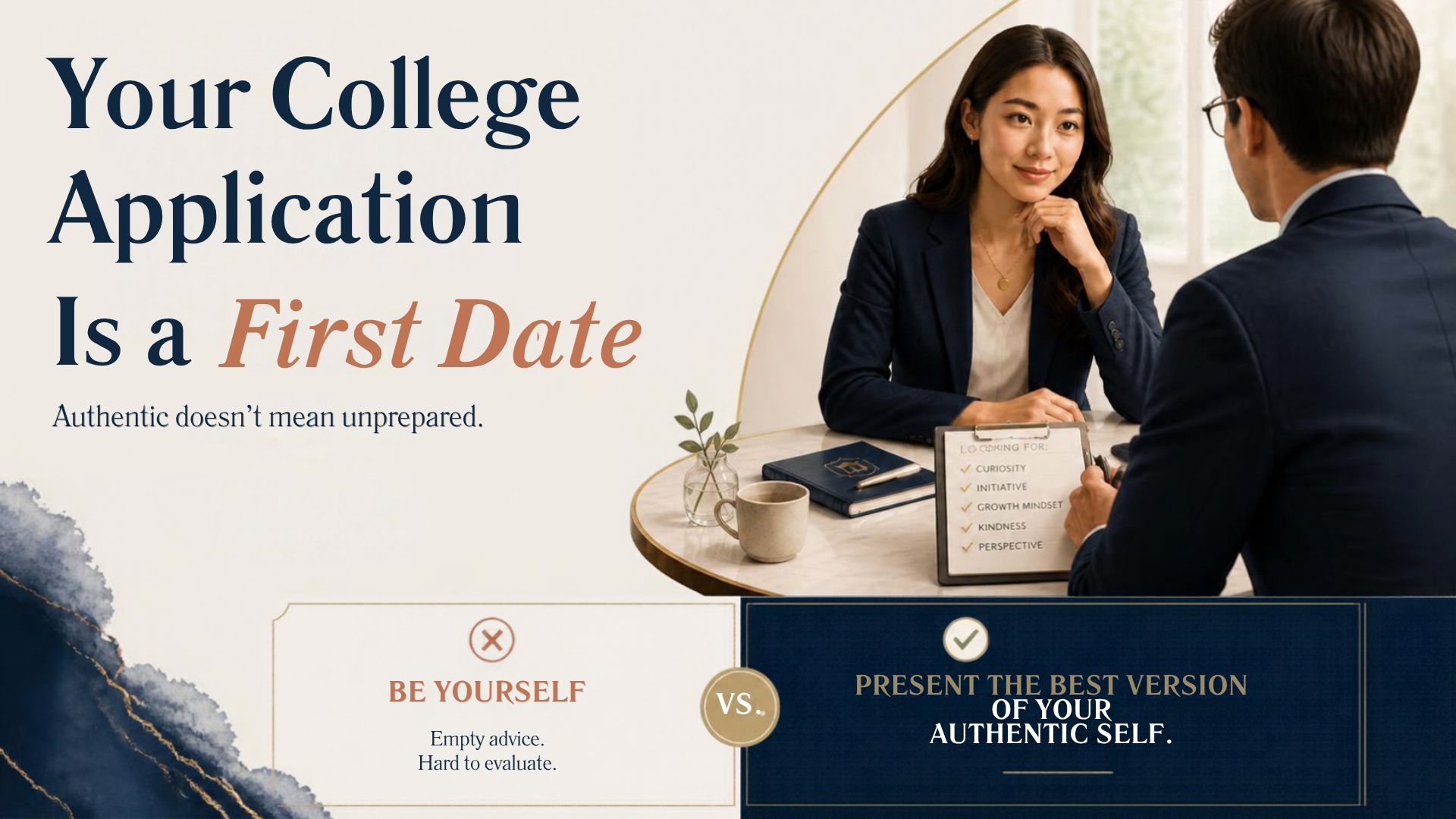 Editorial illustration of a college applicant on a first date, emphasizing that authentic college applications require more than simply “being yourself” and should present the best version of your authentic self.
