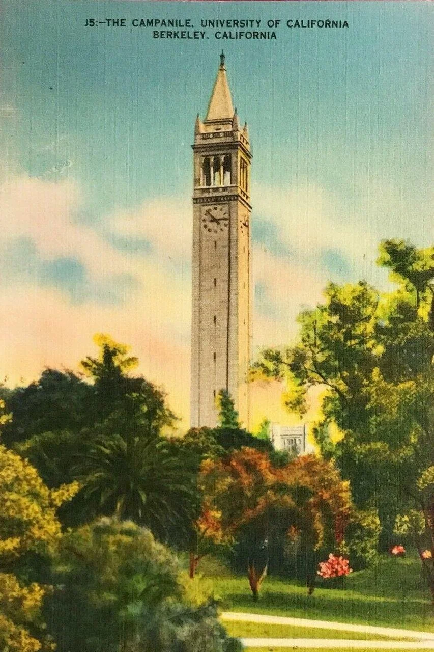 A painting of the Campanile at the University of California, Berkeley, with trees and a pathway in the foreground, under a partly cloudy sky.