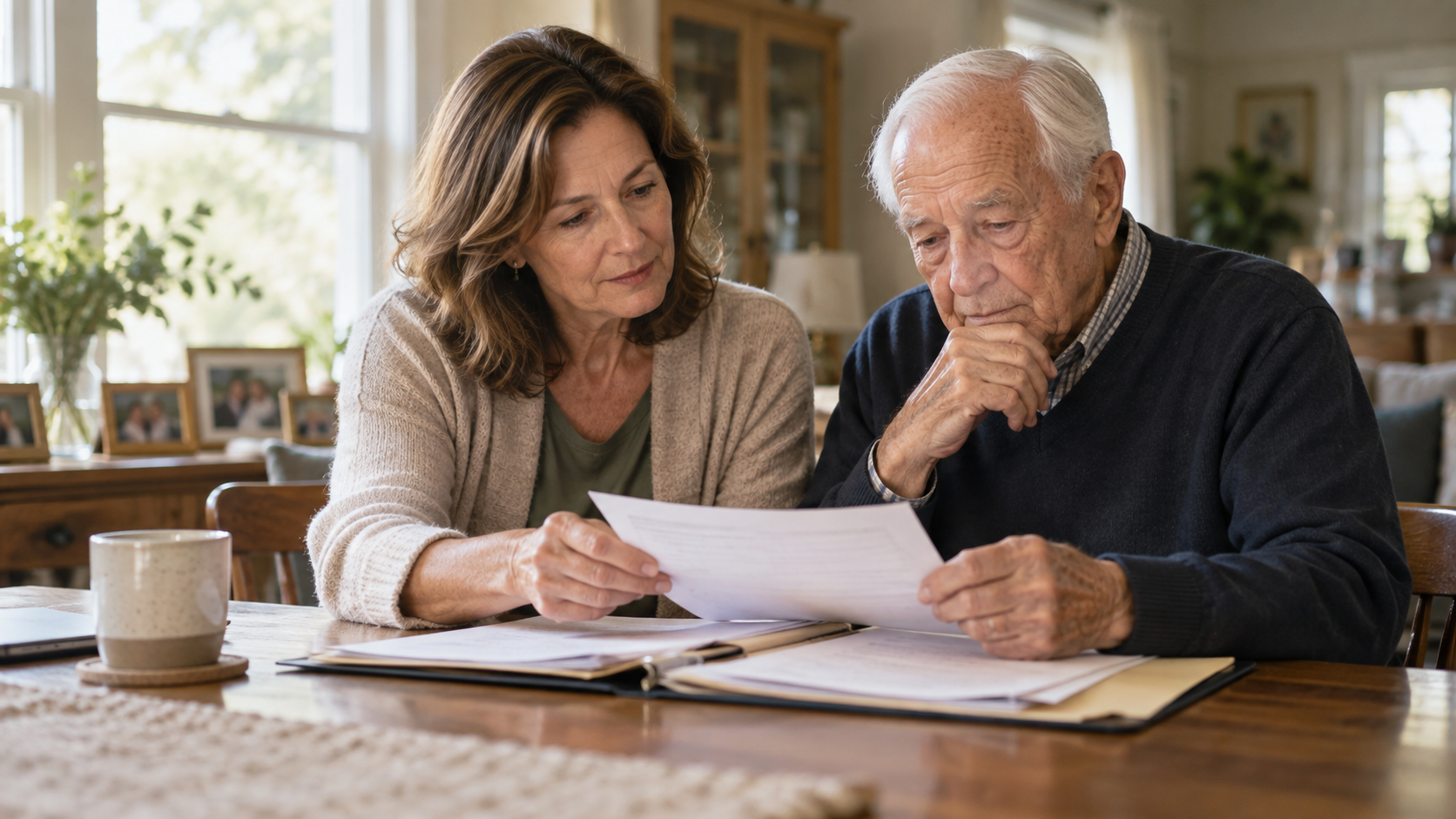 An adult daughter and her elderly father reviewing family documents together at home.