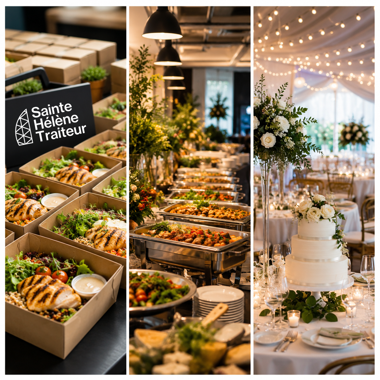 Photo d'un buffet de mariage avec des plats préparés, un gâteau de mariage blanc avec des fleurs et une décoration élégante avec des lumières suspendues.