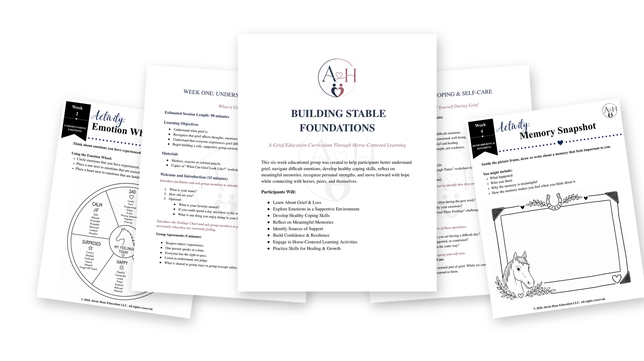 Collection of documents titled 'Building Stable Foundations' and other related materials about grief education, self-care, emotion recognition, and memory snapshots, featuring illustrations and worksheets.
