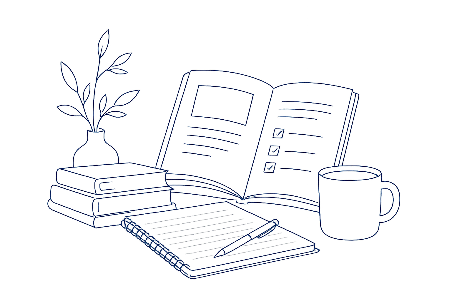Line drawing of a study desk with a potted plant, open planner, pen, stack of books, closed notebook, and a coffee mug.