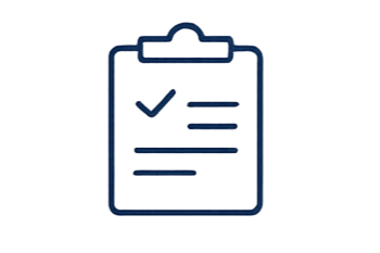 Outline drawing of a clipboard with a checklist and a checkmark.