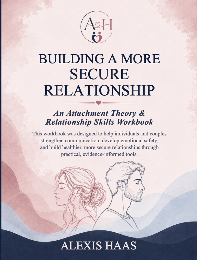 Book cover titled "Building a More Secure Relationship: An Attachment Theory & Relationship Skills Workbook" by Alexis Haas. The cover features a pastel pink and blue background with line drawings of a woman and a man facing opposite directions.